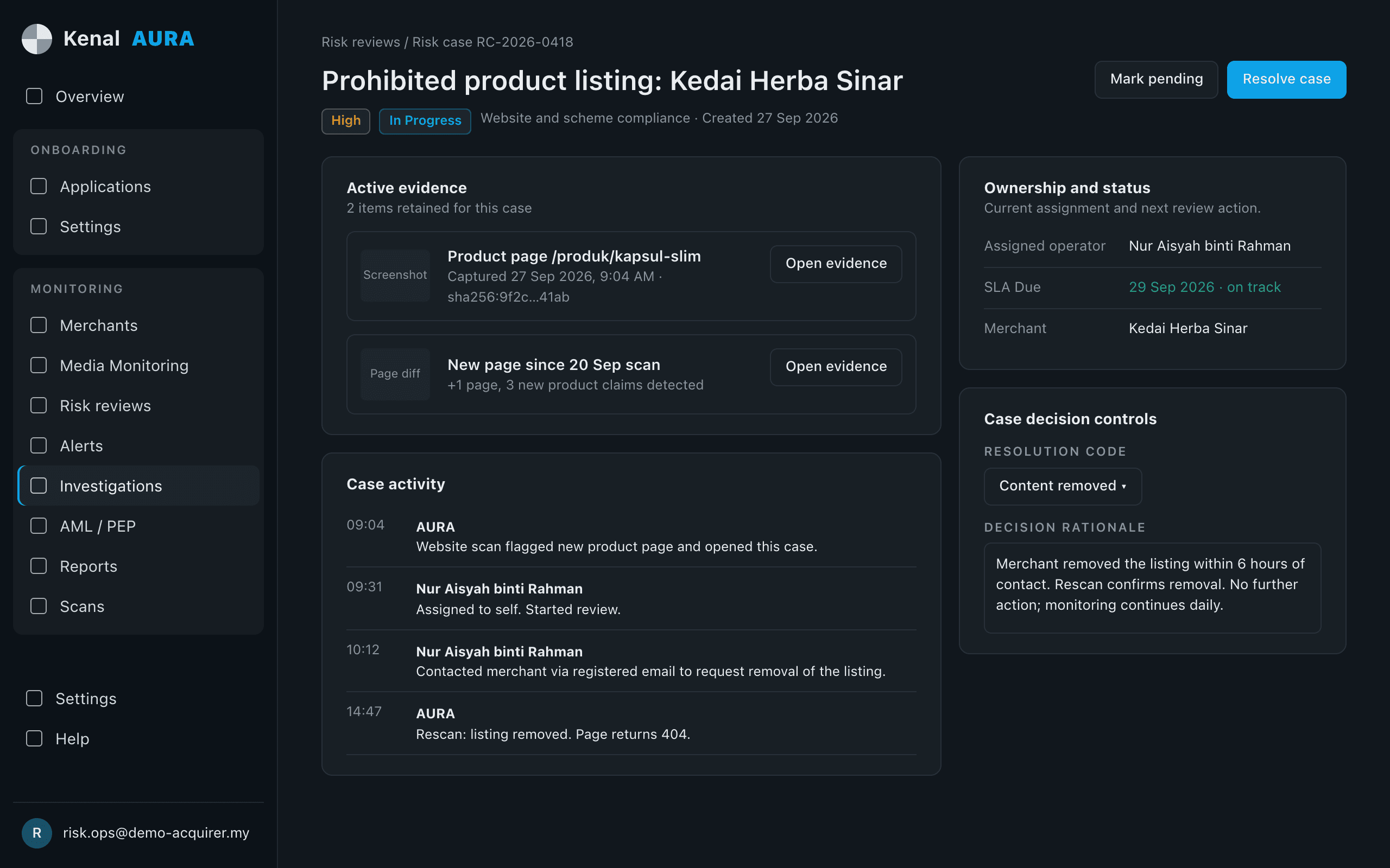 Kenal Aura risk case showing retained screenshot and page-change evidence, an activity log from detection to removal, the deadline on track and a Content removed resolution