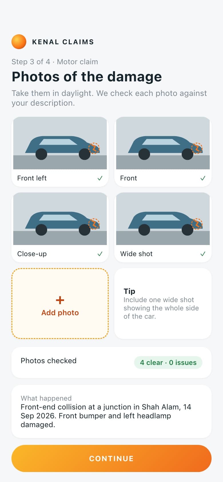 Phone screen where a claimant uploads four photos of front-end car damage, each marked as checked, with a Continue button