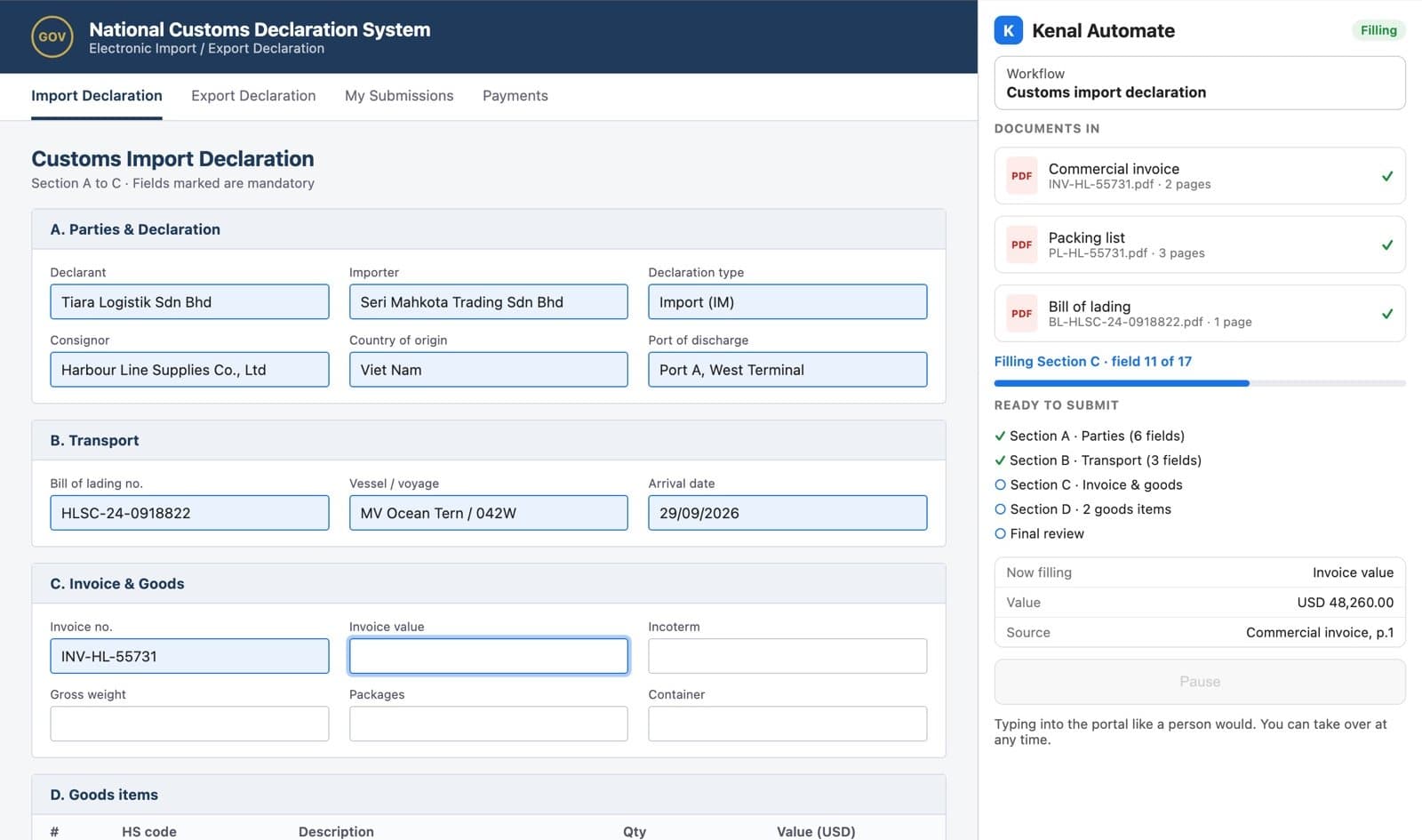 Kenal Automate filling a customs declaration form, with sections A and B completed, the invoice value field highlighted and a progress bar at field 11 of 17