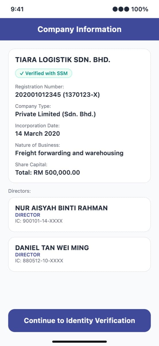 Kenal Business on a phone: a company's details and directors confirmed against the SSM registry