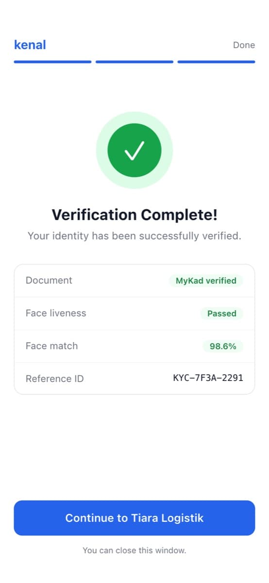 Kenal eKYC on a phone: verification complete, with the MyKad verified, liveness passed and the face matched