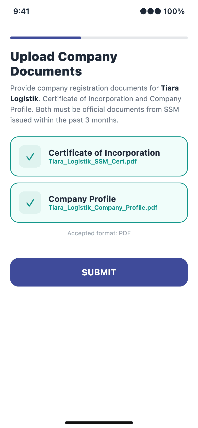 Kenal Business app upload screen with the Certificate of Incorporation and Company Profile PDFs both marked as uploaded