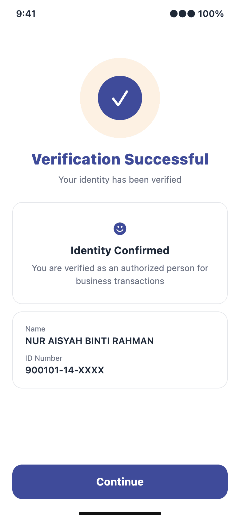 Kenal Business app confirming the director's identity is verified as an authorised person for business transactions