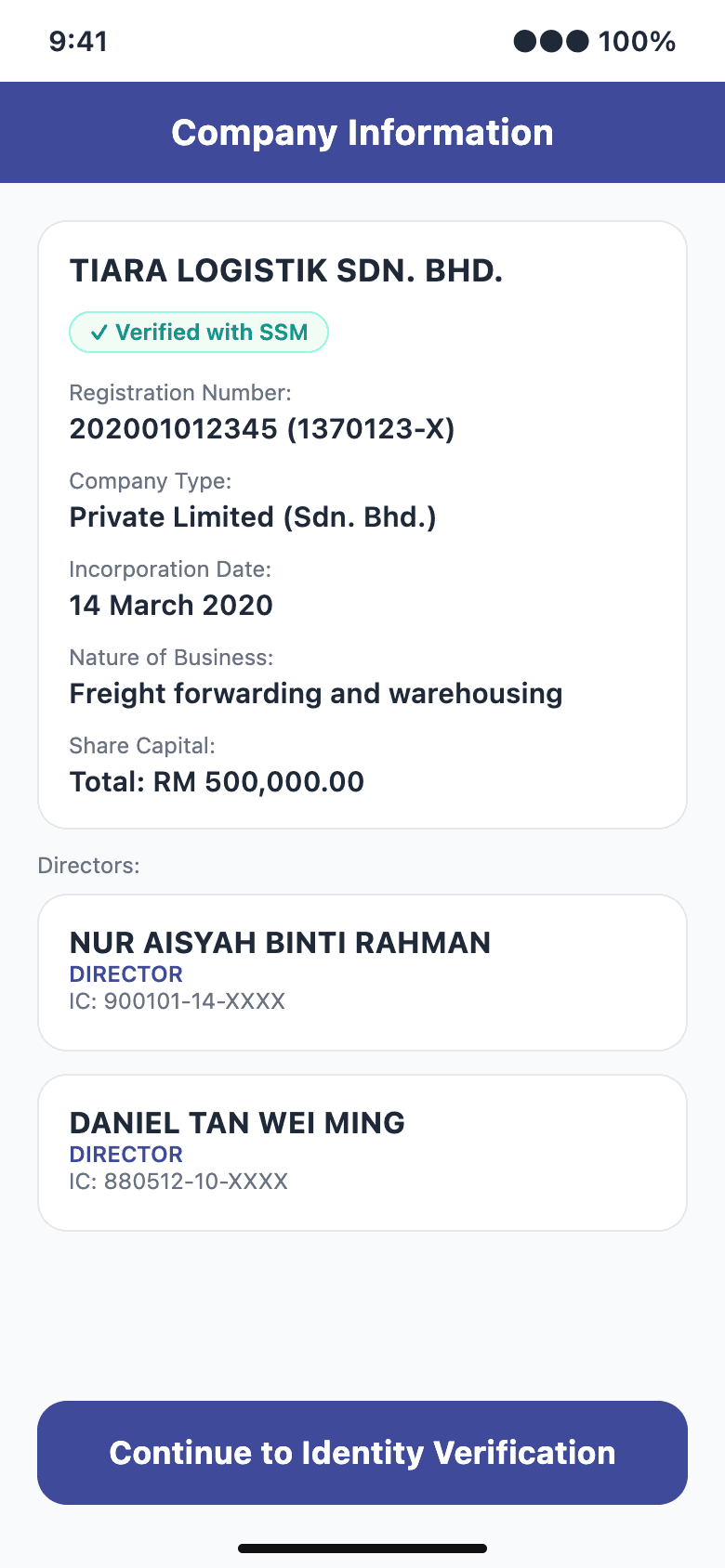 Kenal Business app showing a company's details verified with SSM, including registration number, company type, incorporation date, share capital and its two directors