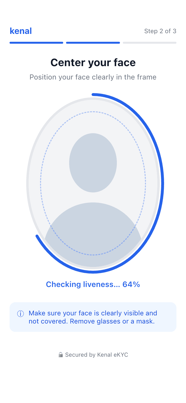 Kenal eKYC liveness screen asking the customer to centre their face in an oval guide, with the liveness check in progress