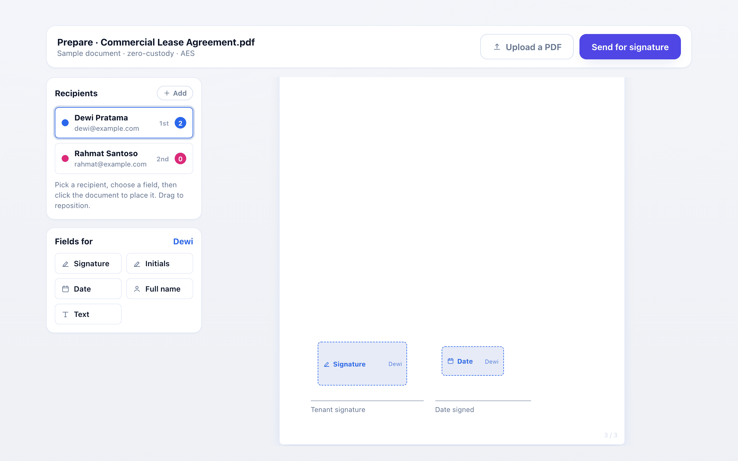 Kenal Sign prepare screen: a commercial lease with signature and date fields placed for the first of two recipients, ready to send for signature