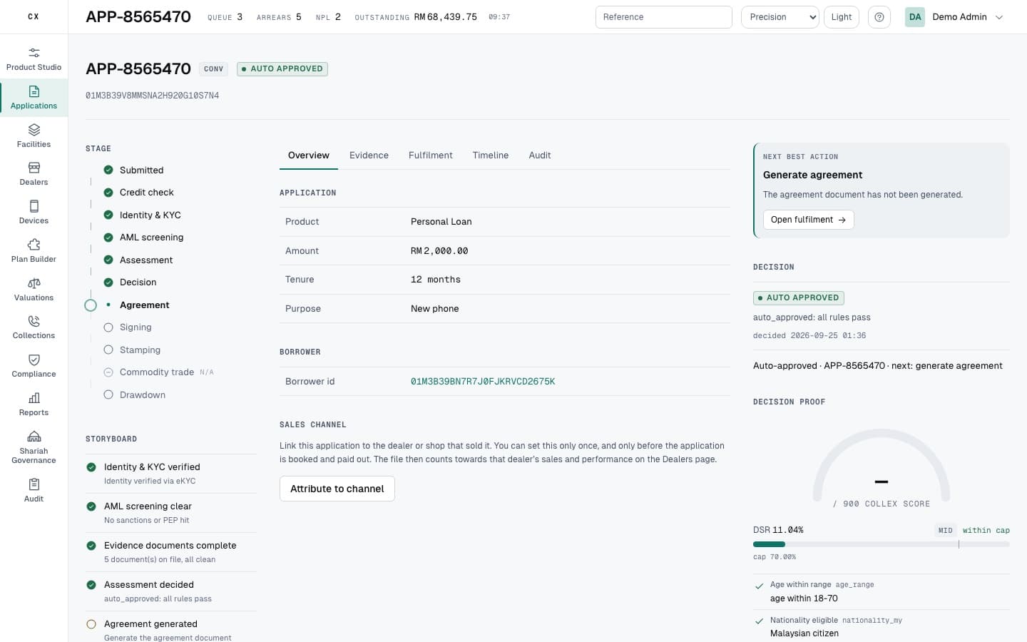 Kenal Loan application detail with a stage tracker, completed identity, AML and assessment checks, and an approved decision with its proof
